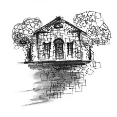 Small house and trees with cube hatching. Hand drawn chinese ink sketch on paper textures. Incdrawn collection. Bitmap image