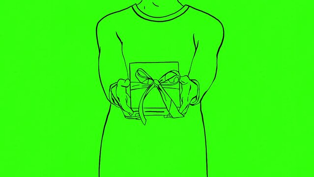 Frame-by-frame animation of gift giving. 3 types of animation. The contour of a girl with a gift, color shaping and for chroma key with a green background. High quality FullHD footage