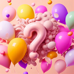 Creative question mark concept made of colorful pastel pink balloons. Balloon font concept on pastel pink background. Birthday illustration, Generative AI.