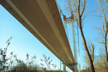 View from under the new suspension bridge over Danube in Braila, Romania. - 559702628