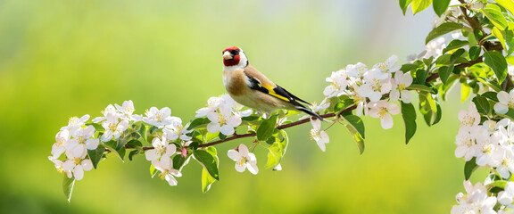 Bird sitting on a branch of blossom apple tree. The European Goldfinch