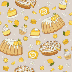 Seamless pattern with lemon desserts. Vector graphics.