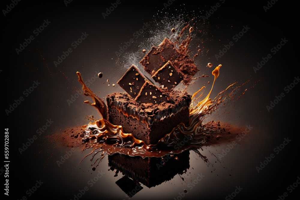 Poster a piece of chocolate cake with orange and brown sprinkles on it and a black background with a reflec