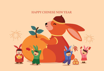 Obraz na płótnie Canvas Chinese new year 2023, Year of the cute rabbit greeting card design with and giant mandarin tangerine and children celebrating.Vector illustrations.translation: Auspicious year of the rabbit