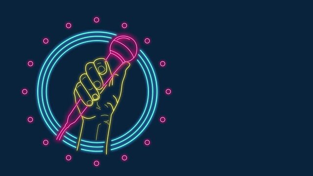 Neon lights of a hand holding on a microphone