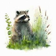 Cute raccoon is sitting in field among wildflowers and grass