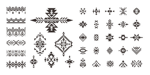 Set of Tribal decorative elements isolated on white background. Ethnic collection. Aztec geometric ornament.