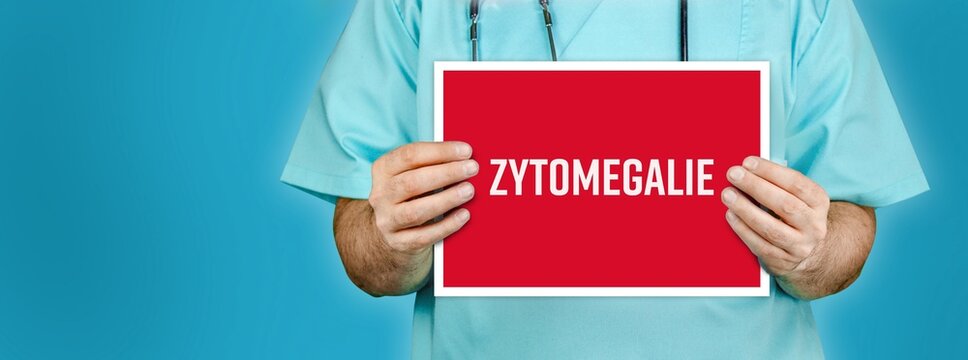 Zytomegalie (CMV). Arzt zeigt rotes Schild mit medizinischen Wort. Blauer Hintergrund.