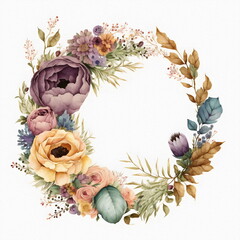 Beautiful wreath of flowers, herbs and plants. Drawing for a book, postcard, print. Watercolor illustration