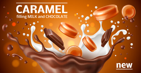 Realistic caramel poster. 3d round candies and cubes, sweet chocolate and milk splashes, sweet toffee desserts advertisement, melted sugar pieces, marketing banner, utter vector concept
