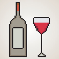wine bottle and wine glass pixel art. Vector illustration