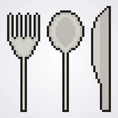 Fork, spoon, and knife food icon in pixel art. Vector illustration