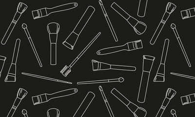 pattern with makeup artist tools in doodle style, poster background with a set of makeup brushes, a banner with a set of face painting brushes on a black background with white lines