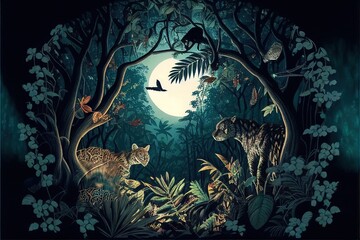 illustration of a dark jungle with moon. Generative AI