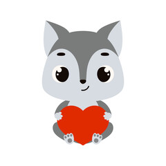 Cute little sitting wolf holds heart. Cartoon animal character for kids cards, baby shower, invitation, poster, t-shirt composition, house interior. Vector stock illustration