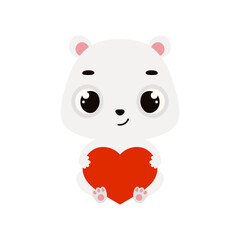 Cute little sitting polar bear holds heart. Cartoon animal character for kids cards, baby shower, invitation, poster, t-shirt composition, house interior. Vector stock illustration