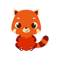 Cute little sitting red panda holds heart. Cartoon animal character for kids cards, baby shower, invitation, poster, t-shirt composition, house interior. Vector stock illustration