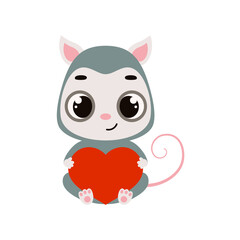 Cute little sitting opossum holds heart. Cartoon animal character for kids cards, baby shower, invitation, poster, t-shirt composition, house interior. Vector stock illustration