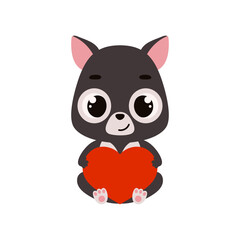 Cute little sitting Tasmanian devil holds heart. Cartoon animal character for kids cards, baby shower, invitation, poster, t-shirt composition, house interior. Vector stock illustration