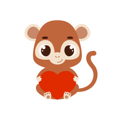 Cute little sitting monkey holds heart. Cartoon animal character for kids cards, baby shower, invitation, poster, t-shirt composition, house interior. Vector stock illustration