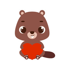 Cute little sitting beaver holds heart. Cartoon animal character for kids cards, baby shower, invitation, poster, t-shirt composition, house interior. Vector stock illustration
