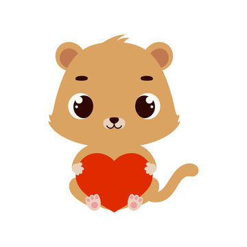 Cute little sitting lion holds heart. Cartoon animal character for kids cards, baby shower, invitation, poster, t-shirt composition, house interior. Vector stock illustration