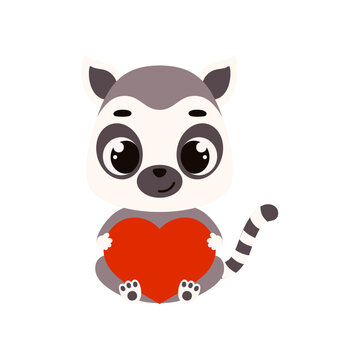 Cute little sitting lemur holds heart. Cartoon animal character for kids cards, baby shower, invitation, poster, t-shirt composition, house interior. Vector stock illustration