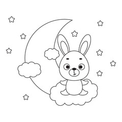 Coloring page cute little hare sitting on cloud. Coloring book for kids. Educational activity for preschool years kids and toddlers with cute animal. Vector stock illustration