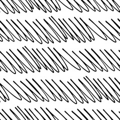 Hand drawn ink doodle simple wave pattern. Monochrome colors. Expressive seamless abstract background in black and white. Trendy brush marks. Vector illustration