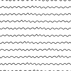 Hand drawn ink doodle simple wave pattern. Monochrome colors. Expressive seamless abstract background in black and white. Trendy brush marks. Vector illustration