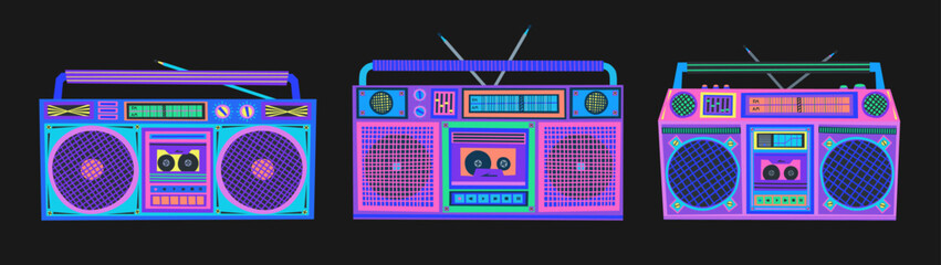 Boombox illustration. Cassette player. Retro cassette recorder. Music player. 90s style boombox vector. 1990s, 2000s technology. Nostalgia for the 90s.