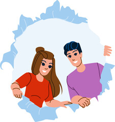 people from hole vector. person man, design graphic, young circle, cute girl, funny face, woman people from hole character. people flat cartoon illustration