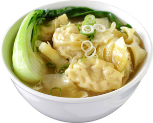 Pork Wonton Soup in a White Bowl Cut Out