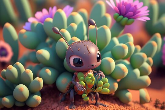 illustration, an ant between flowers and plants, image by AI.