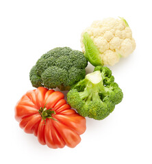 Fresh vegetables arrangement. Tomato, broccoli and cabbage isolated on white background. Healthy food concept
