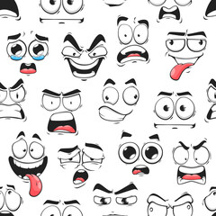 Cartoon emoji faces seamless pattern. Evil, scared and foolish, amazed, crying and laughing faces expressions seamless backdrop or wallpaper. Textile or wrapping paper funny print or background - obrazy, fototapety, plakaty