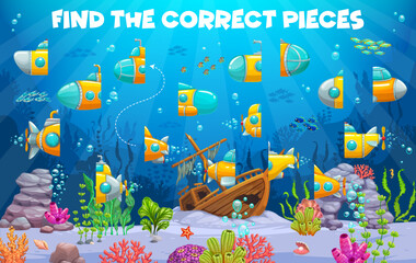 Find the correct pieces of cartoon underwater submarine and bathyscaphe. Vector puzzle worksheet, brainteaser with yellow submarine separated halves on sea bottom with sunken ship, corals and fish