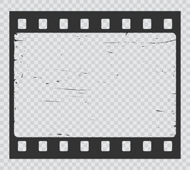 Fototapeta premium Grunge movie film strip, isolated filmstrip frame on vector transparent background. Old photo or vintage picture film, cinema movie film strip slide with scratched borders, retro 35 mm photography
