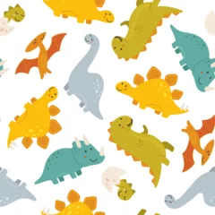 Papier Peint photo Sous la mer Vector seamless pattern with cute baby dinosaurs. Hand drawn brontosaurus, tyrannosaurus, pterodactyl, triceratops, stegosaurus. Set of flat cartoon vector illustrations isolated on white background