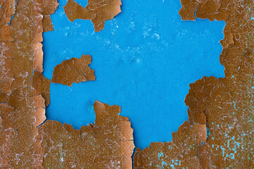 Peeling paint on the wall. Old concrete wall with cracked flaking paint. Weathered rough painted...