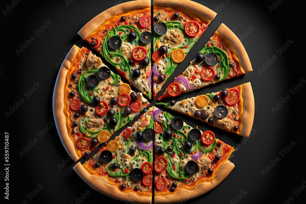 Poster a pizza with a variety of toppings cut into slices with a knife on a black background with a black b