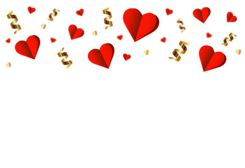 Fototapeta na wymiar Background for Valentine's Day. Decorative holiday background. Postcard with paper hearts. Golden serpentine. Festive elements on a white background. You can write your own text.
