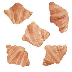 Croissant painted in watercolors on a white isolated background. Delicious and warm pastry set