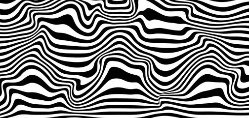 Abstract optical illusion wave. A flow of black and white stripes forming a wavy distortion effect. Vector Illustration.