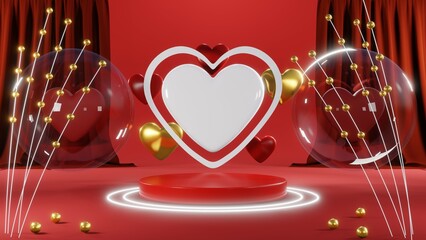 3D rendering of backdrop for displaying products for Valentine's Day red scene podium