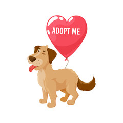 Adopt me, dog pet puppy with balloon heart, animals shelter and adoption center vector icon. Cute funny dog puppy dog with Adopt Me heart balloon for abandoned and homeless dogs adoption house