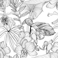 Seamless line pattern of exotic tropical palm leaves and flowers for fabric design. Luxurious line art of spring flowers.  - 559711278