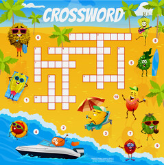 Naklejka premium Cartoon fruits characters on summer beach, crossword quiz game, vector grid. Crossword worksheet to guess word of tropical durian on sea surfboard, feijoa and melon swimming and mandarin on jet ski