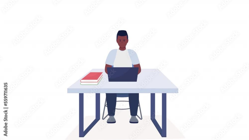 Poster animated boy working on laptop. using computer in class. full body flat person on white background w