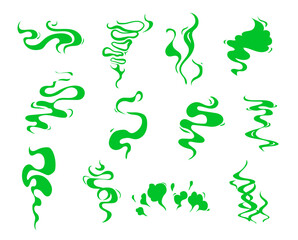Green bad smell clouds, stink smoke odor or toxic gas and fart, vector cartoon effects. Green stench steams of bad breath or toxic scent vapor, stinky aroma smell clouds and smelly odour fume clouds - obrazy, fototapety, plakaty